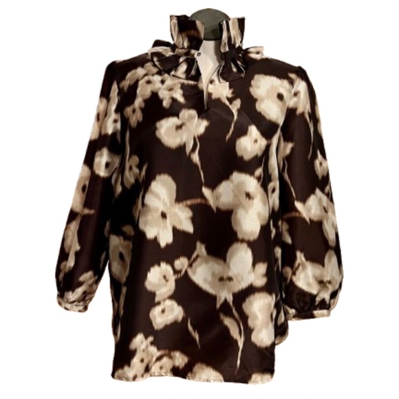 NWOT Tuckernuck Bouvier Ruffle Neck Brown Tan Print Top Blouse Shirt Size XXL - Picture 1 of 3
